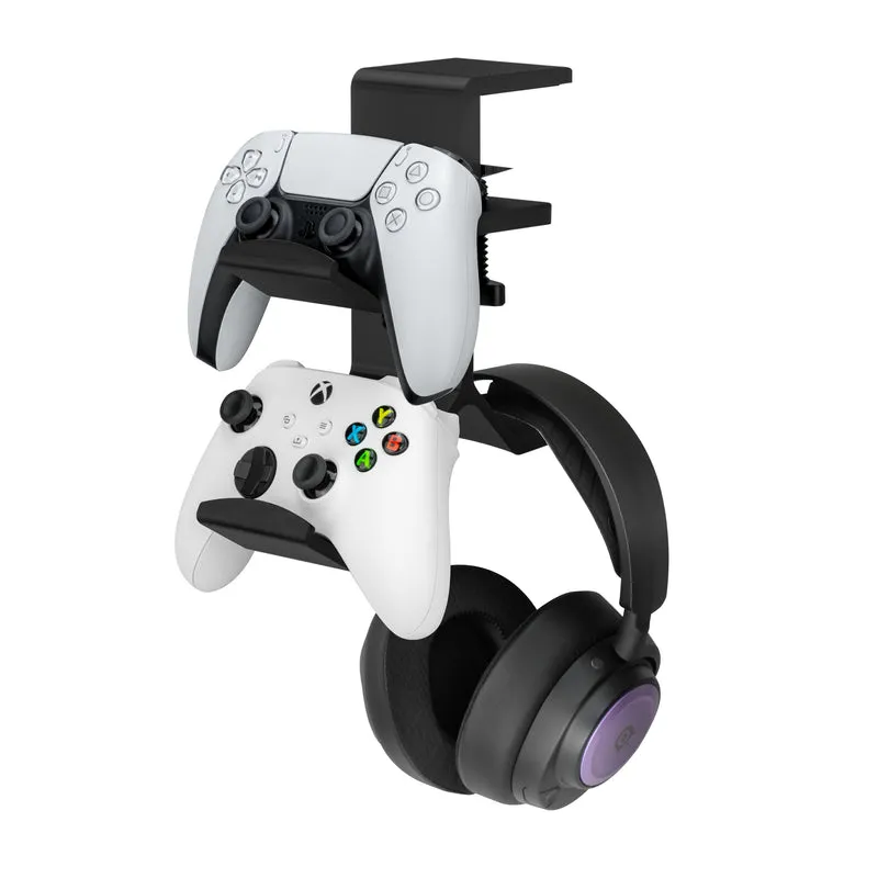 The Grebe - Support pour casque et double manette de jeu - Se fixe sur le côté du bureau, sous le support de casque de bureau, convient à tous les écouteurs et manettes de jeu