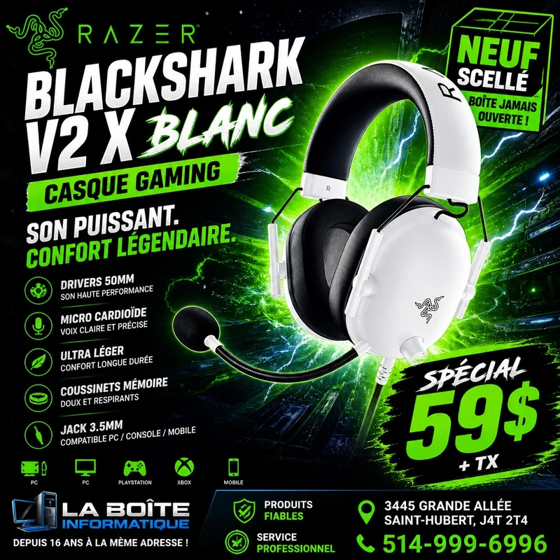 Casque Gaming Razer BlackShark V2 X Blanc – Micro Clair – Léger – Neuf Scellé – 59$