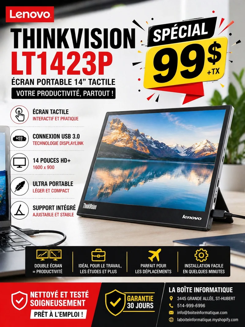 💻 Écran Portable Lenovo ThinkVision LT1423p 14" Tactile USB 3.0 – Parfait Double Écran