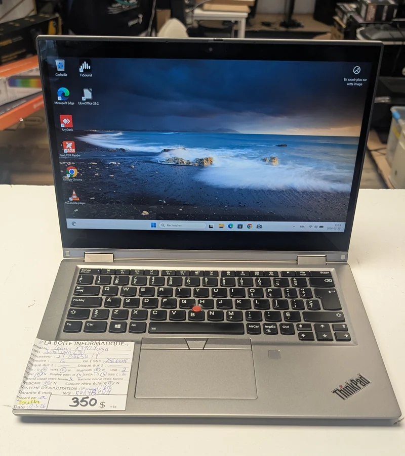 Laptop Lenovo ThinkPad X390 Yoga Touch i7-8665U 16Go SSD 256Go NVMe Win11 Pro Tactile