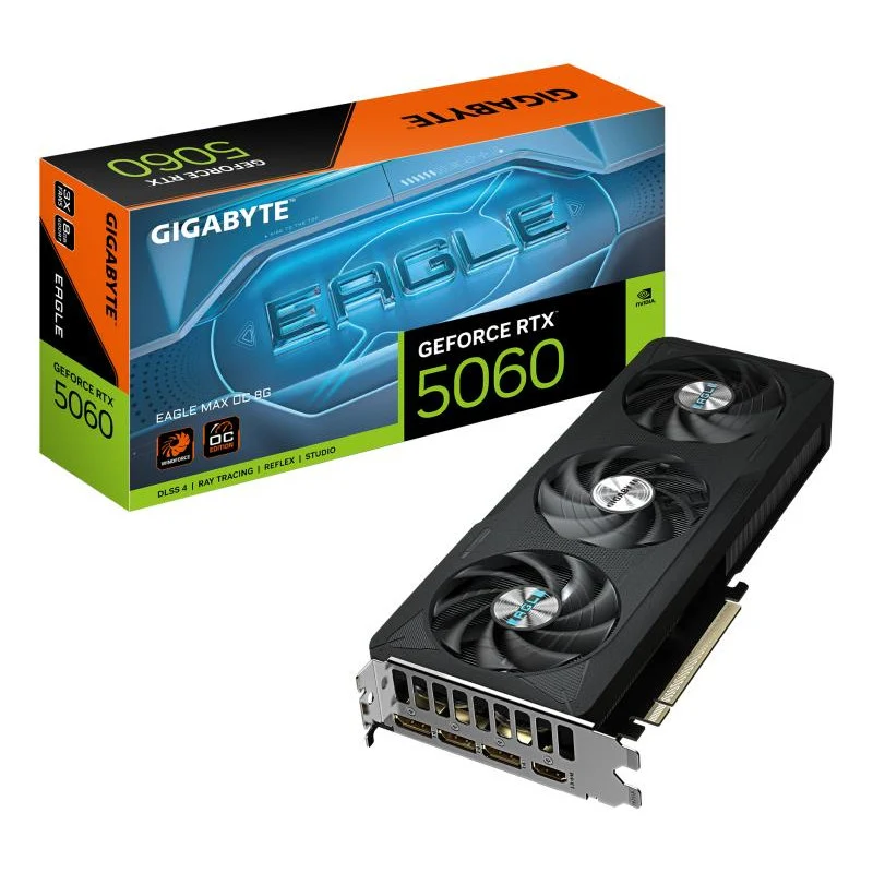 GIGABYTE GeForce RTX 5060 EAGLE MAX OC 8G Carte Graphique 8 Go GDDR7, 128 bits, PCI-E 5.0, fréquence cœur 2550 MHz, 3 x DisplayPort, 1 x HDMI, NVIDIA DLSS 4, GV-N5060EAGLEMAX OC-8GD 1.0