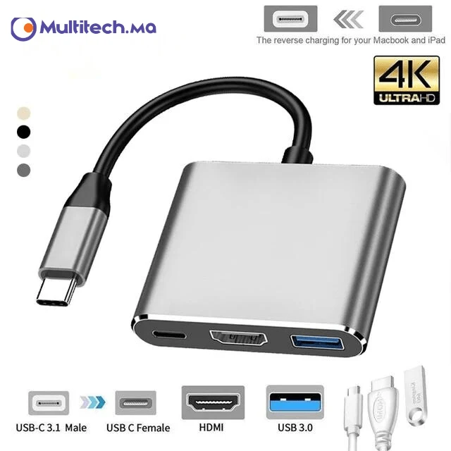 ADAPTEUR TYPE-C 3IN1 HDMI 4K/port USB 3.0/port de charge rapide PD, adaptateur AV numérique Android pour MacBook Pro, MacBook Air, projecteur, moniteur