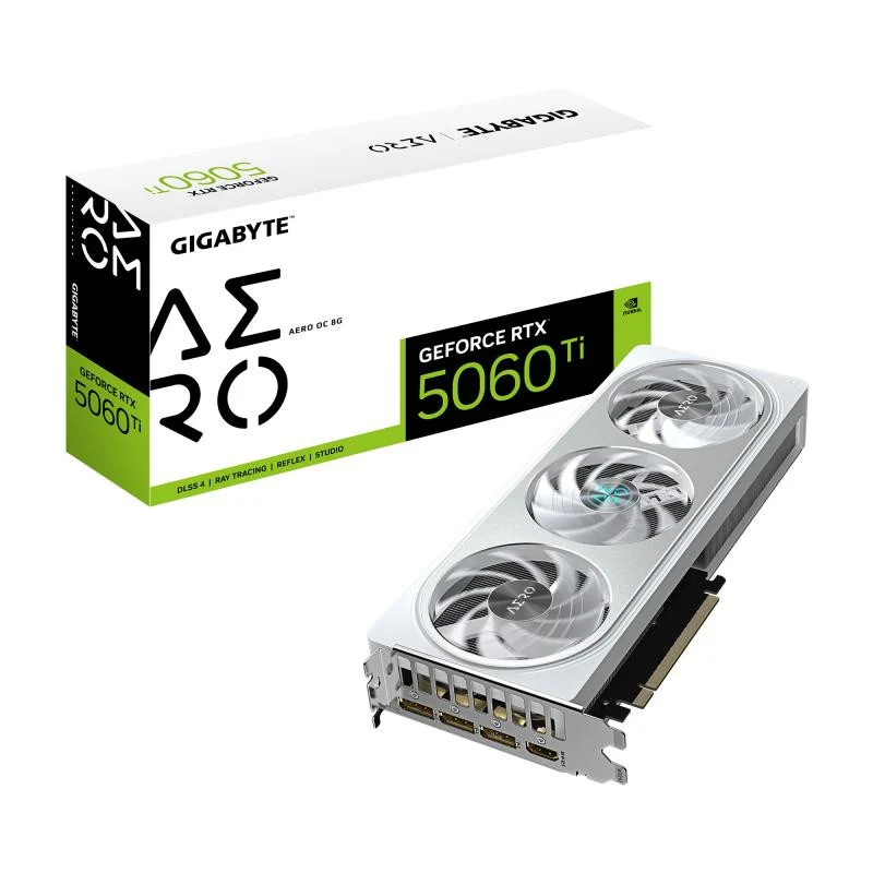 GIGABYTE GeForce RTX 5060 Ti AERO OC 8G Carte Graphique 8 Go GDDR7, 128 bits, PCI-E 5.0, 2647 MHz Fréquence du processeur, 3 x DisplayPort, 1 x HDMI, GV-N506TAERO OC-8GD