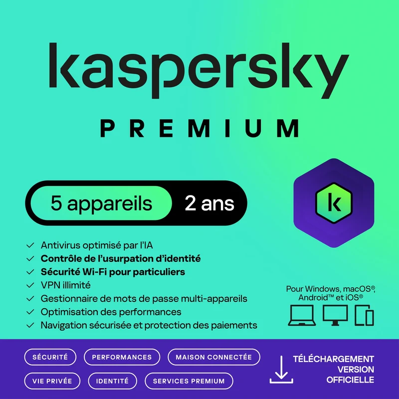 Kaspersky Premium 2026 - 5 appareils - 2 ans - Licence par e-mail