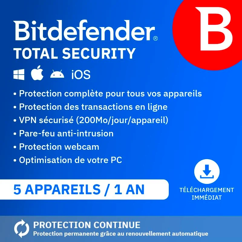 Bitdefender Total Security 2026 - 5 appareils - 1 an - Licence par e-mail