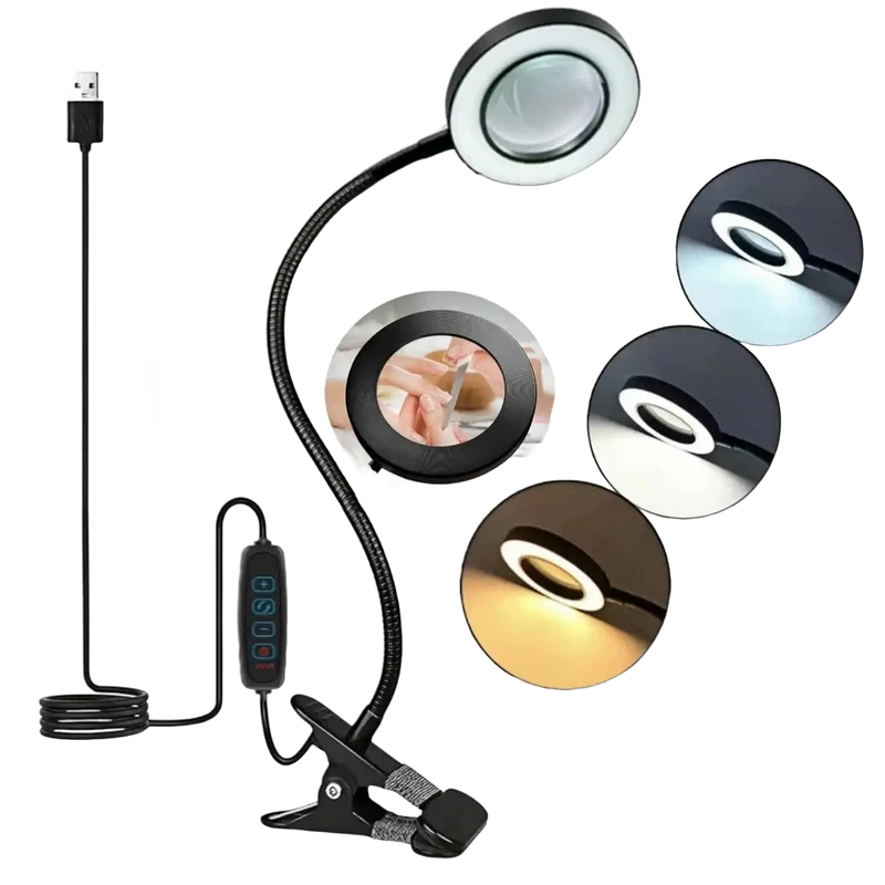 Lampe loupe LED 5x pour établi — 3 teintes, soudure et modding