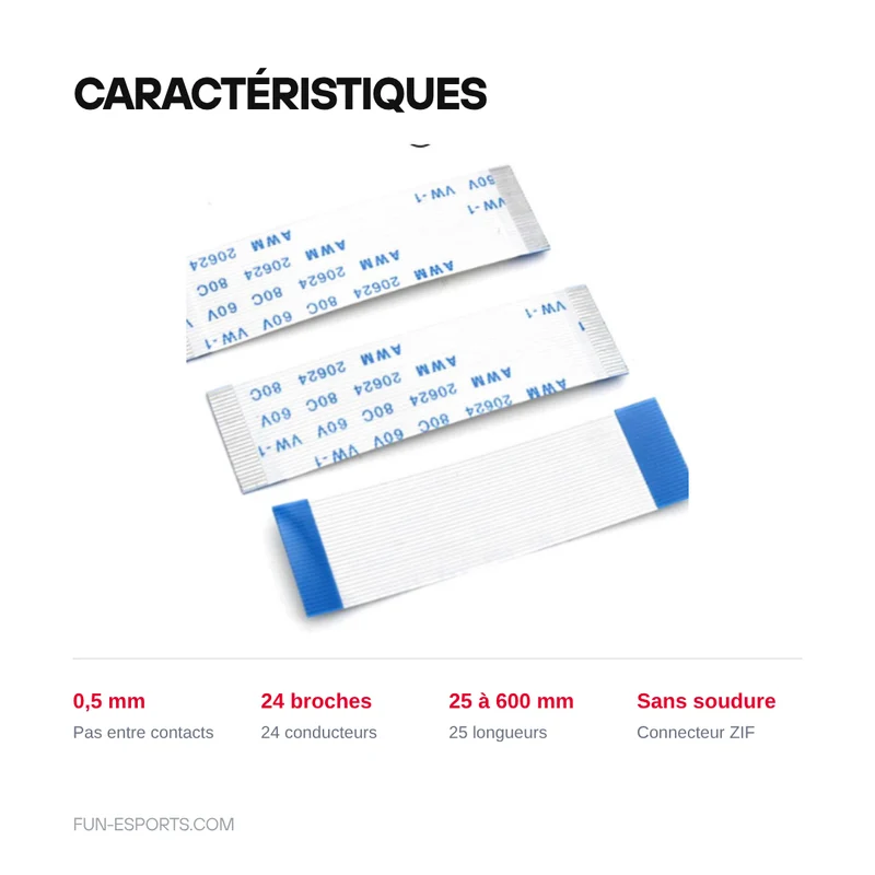 Nappe FFC/FPC 0,5 mm 24 broches — longueurs 25 à 600 mm